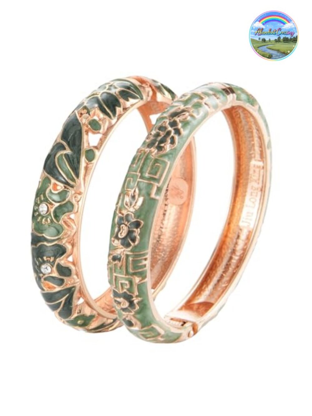 Handcrafted Enameled Rhinestone Rose Hinged Cuff Bracelet Set of 2